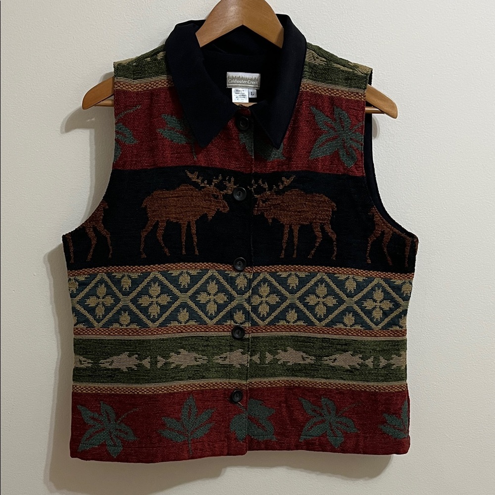 Vtg Coldwater Creek Moose Tapestry Vest Large Collar Button Up Cabincore Nature